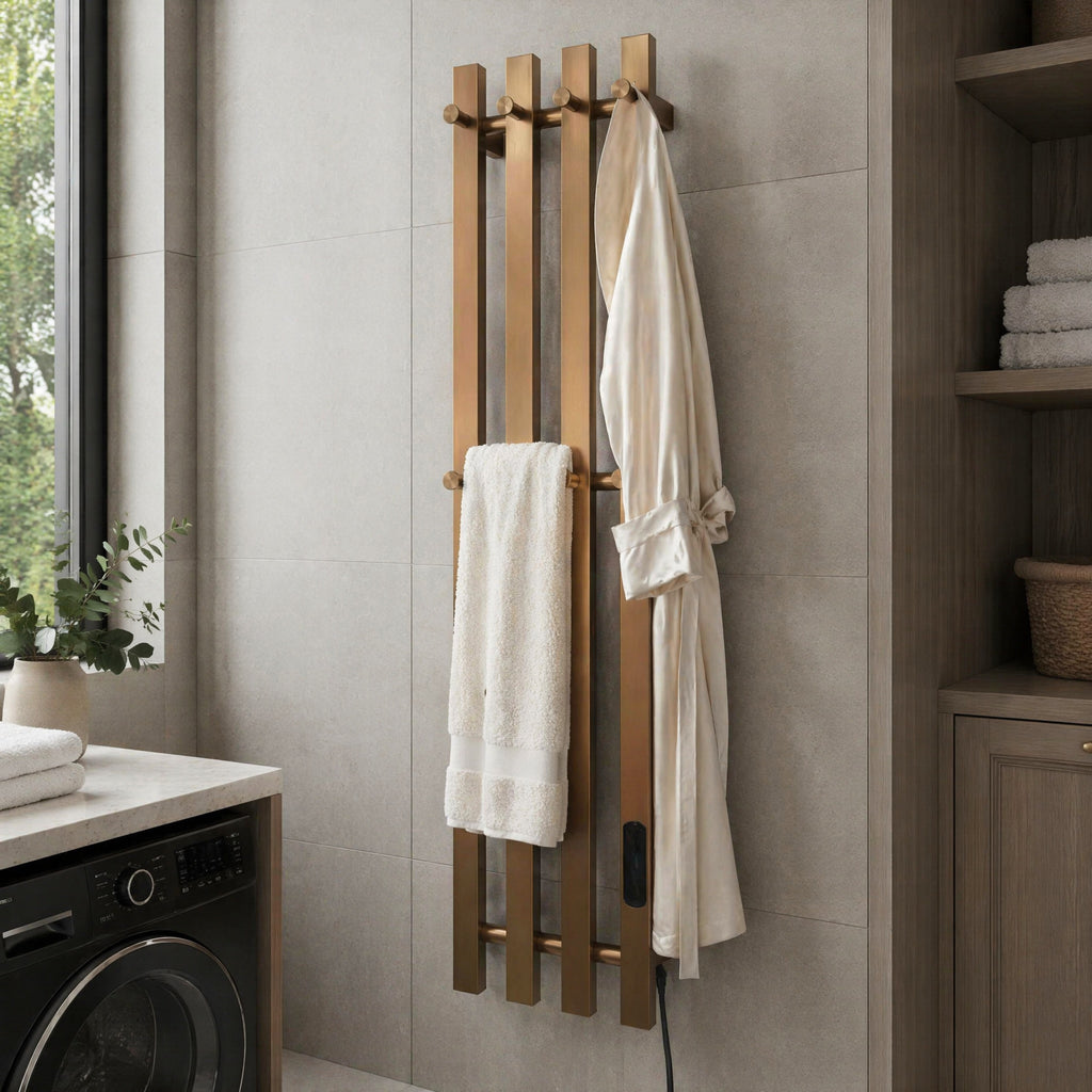 Luxury Brushed Gold Wall-Mounted Electric Heated Towel Rail - 4-Bar Stainless Steel with LED Touch Control
