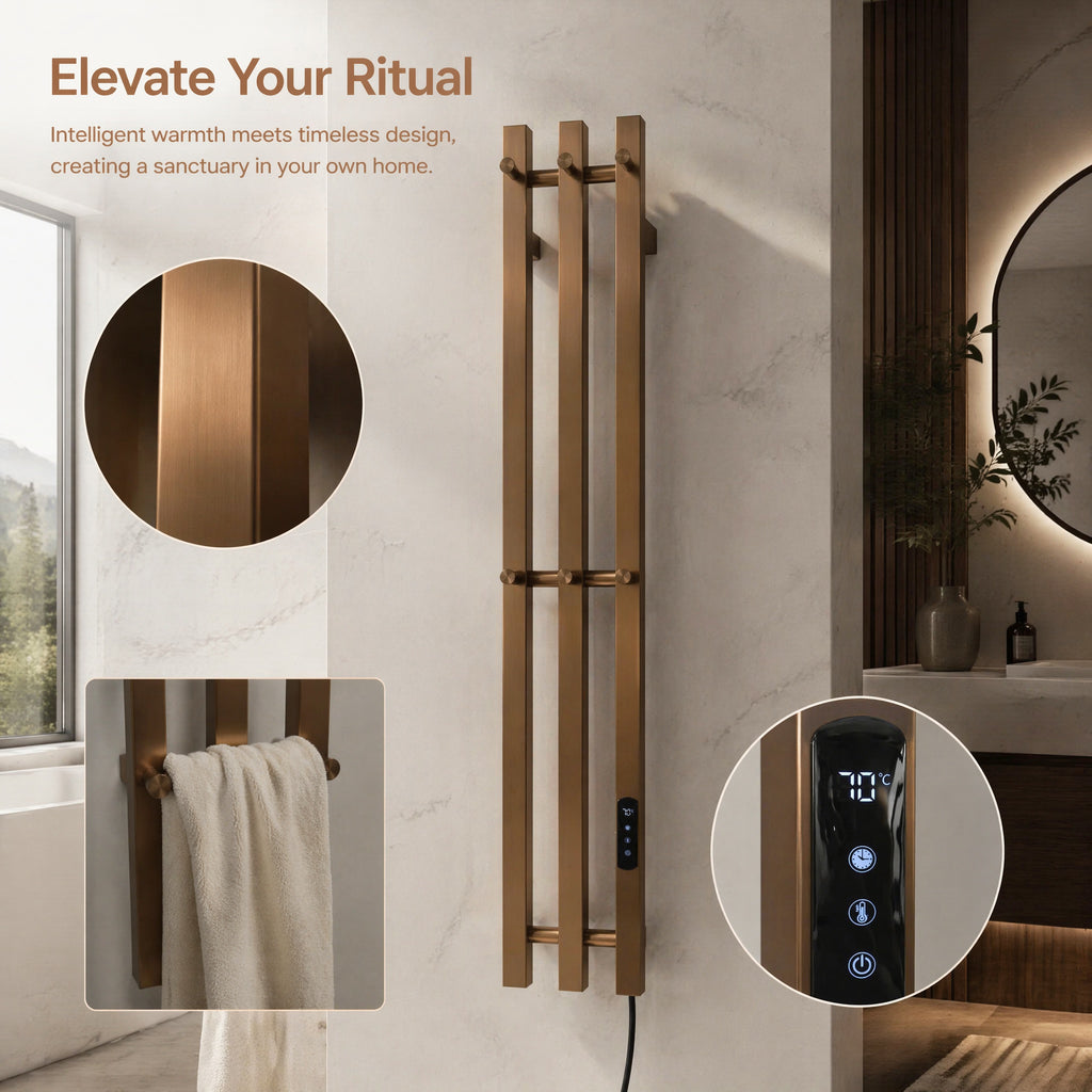 Modern Bathroom Heated Towel Rack - 3-Bar Wall Mounted with Digital Timer 45-55°C & Brushed Bronze Finish