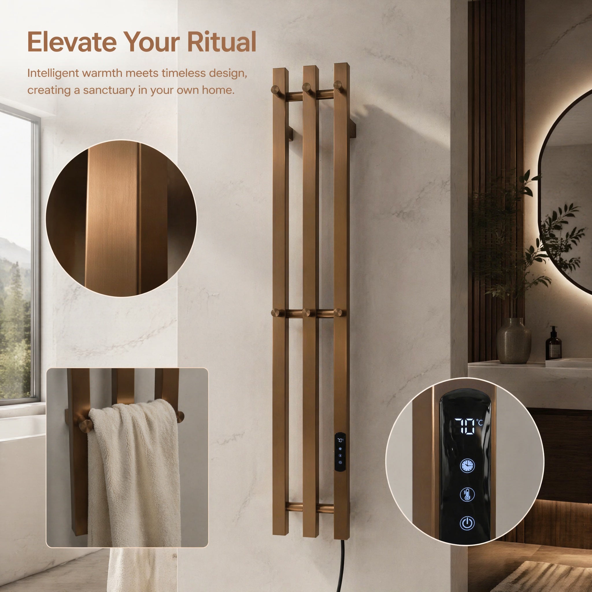 Modern Bathroom Heated Towel Rack - 3-Bar Wall Mounted with Digital Timer 45-55°C & Brushed Bronze Finish
