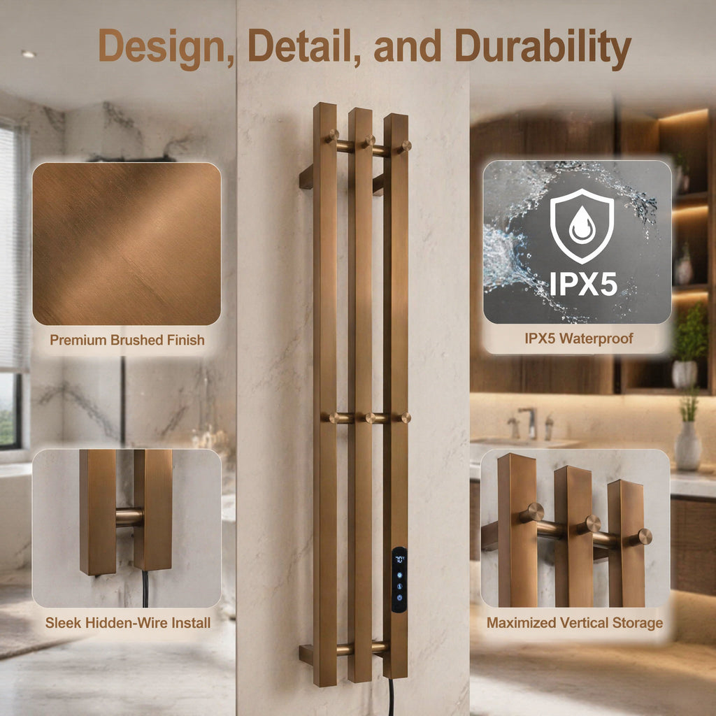 Modern Bathroom Heated Towel Rack - 3-Bar Wall Mounted with Digital Timer 45-55°C & Brushed Bronze Finish