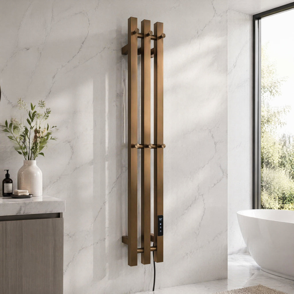 Modern Bathroom Heated Towel Rack - 3-Bar Wall Mounted with Digital Timer 45-55°C & Brushed Bronze Finish