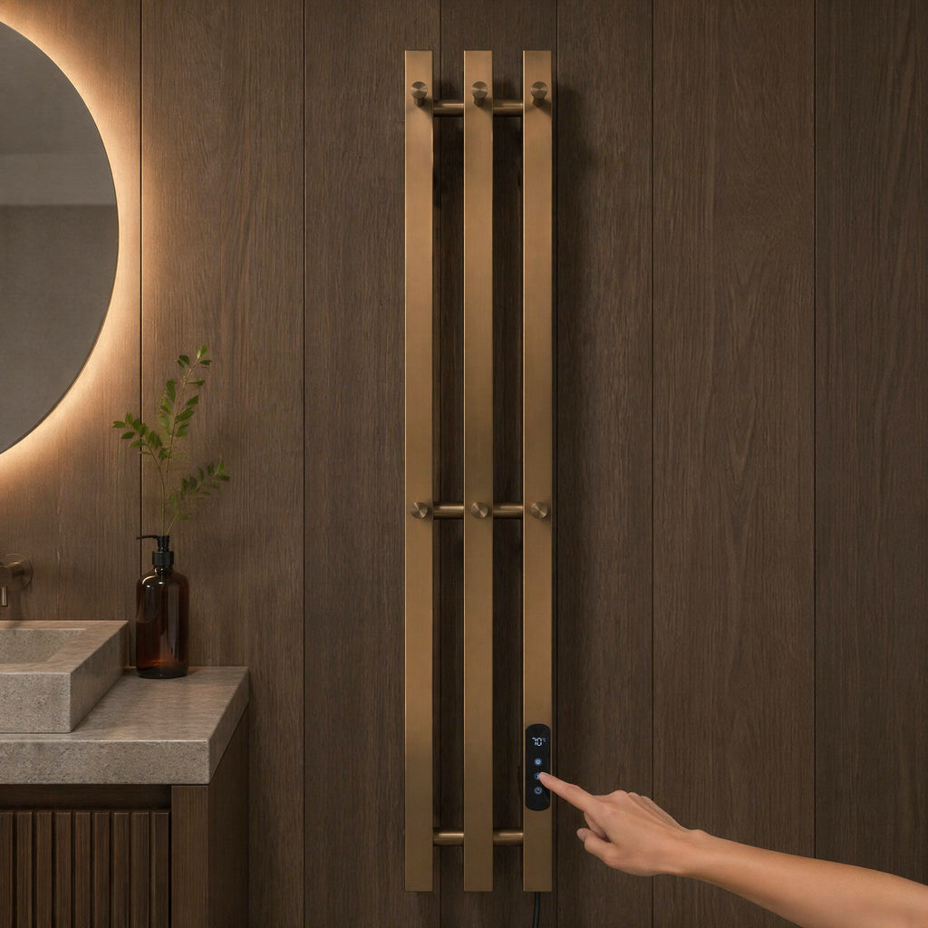 Modern Bathroom Heated Towel Rack - 3-Bar Wall Mounted with Digital Timer 45-55°C & Brushed Bronze Finish