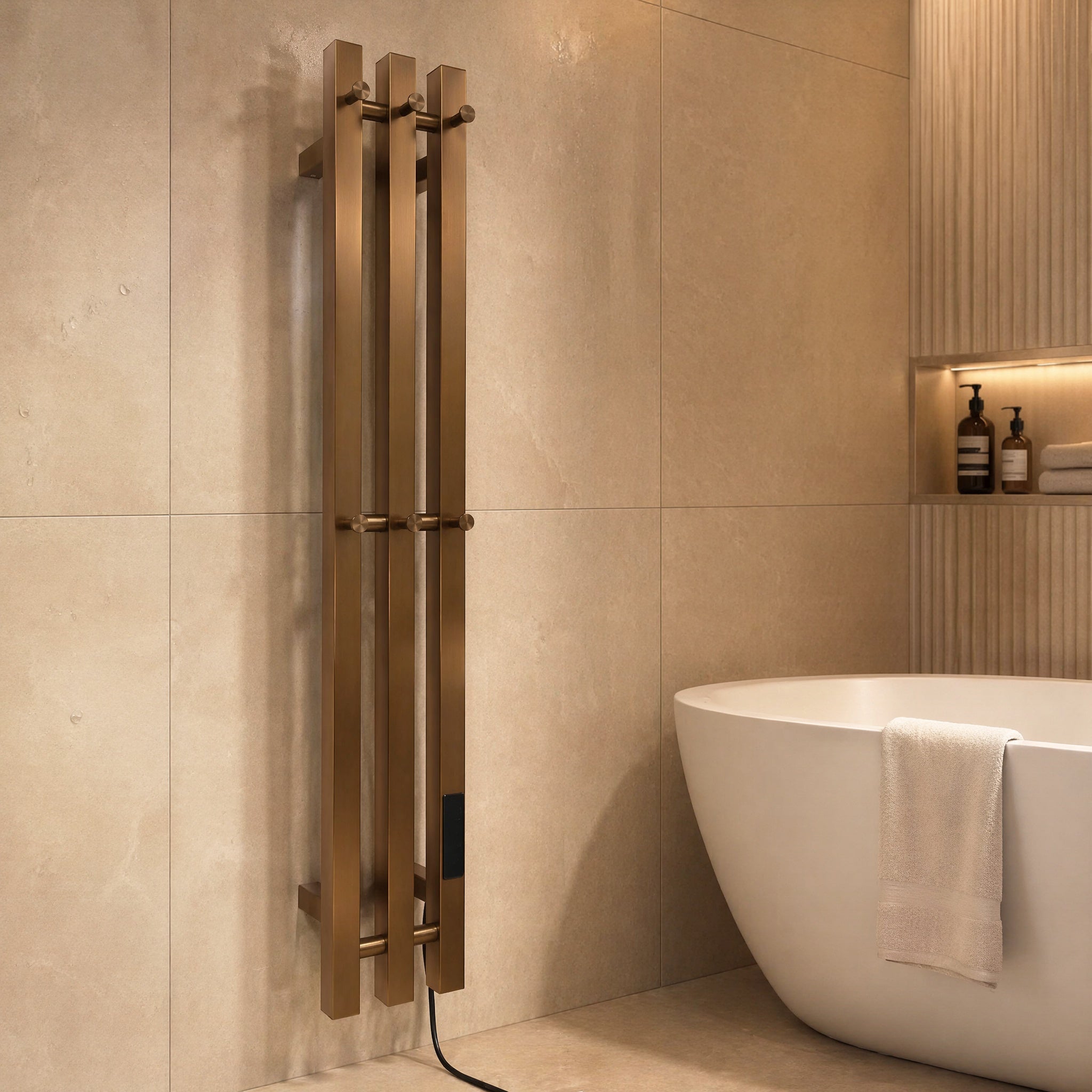 Modern Bathroom Heated Towel Rack - 3-Bar Wall Mounted with Digital Timer 45-55°C & Brushed Bronze Finish