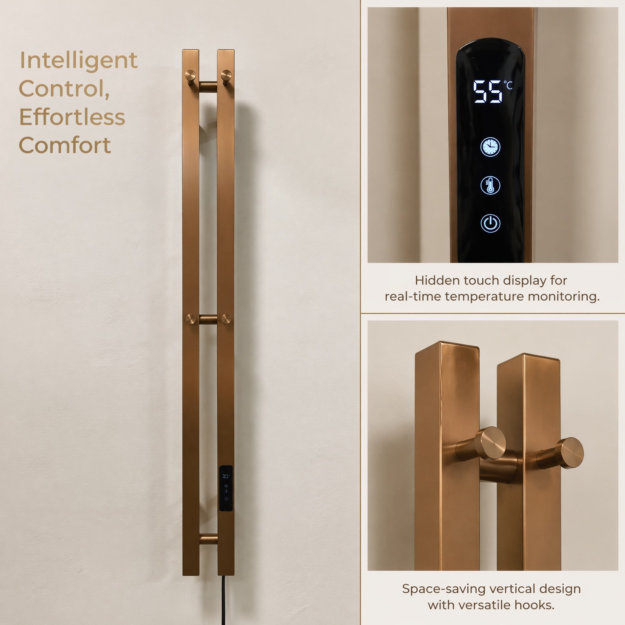 Luxury Electric Towel Warmer - 2-Tube Square Stainless Steel Rose Gold IPX5 Smart Heating