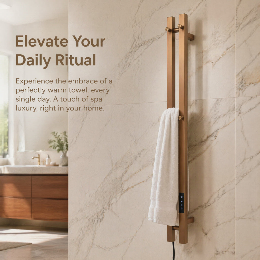 Luxury Electric Towel Warmer - 2-Tube Square Stainless Steel Rose Gold IPX5 Smart Heating