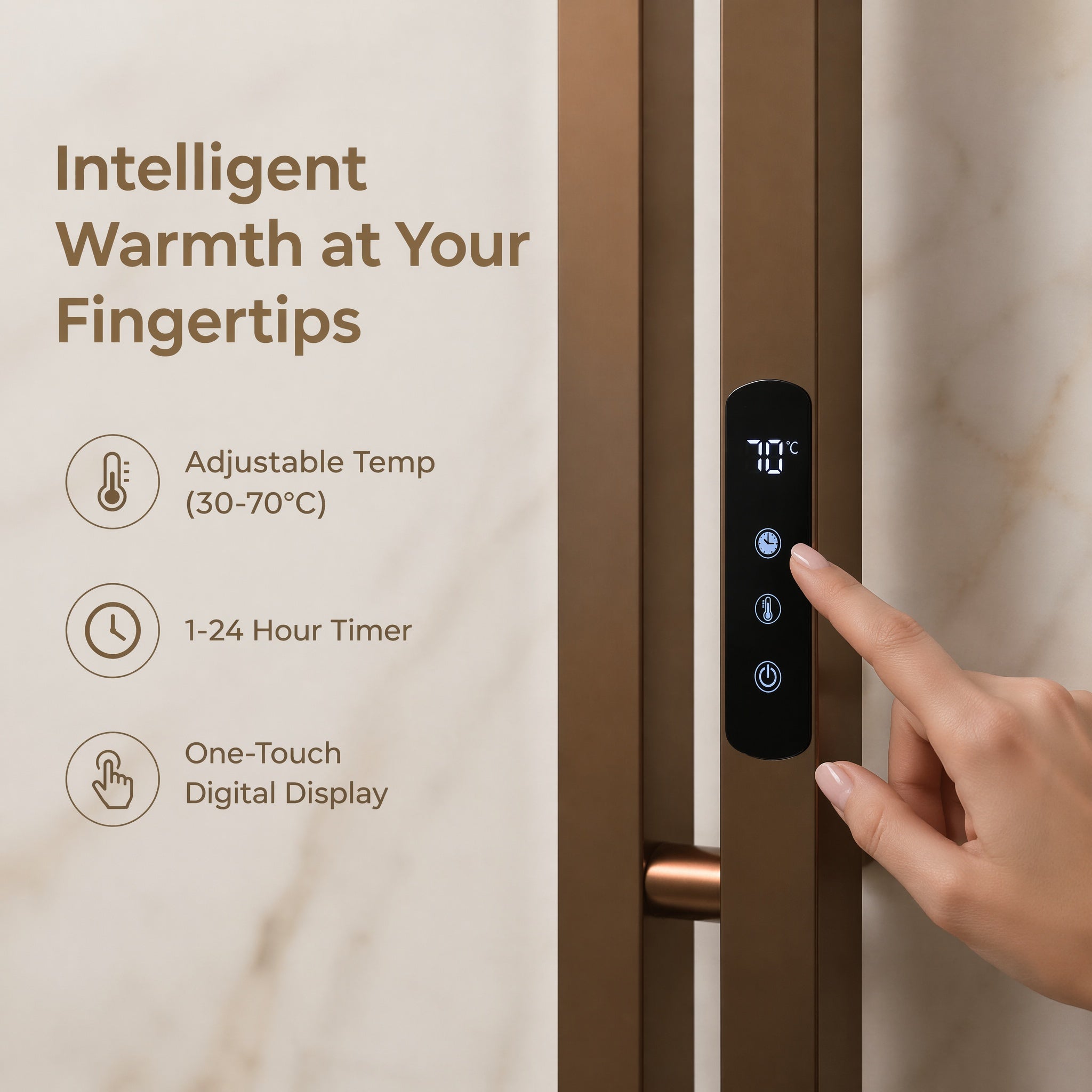Luxury Electric Towel Warmer - 2-Tube Square Stainless Steel Rose Gold IPX5 Smart Heating