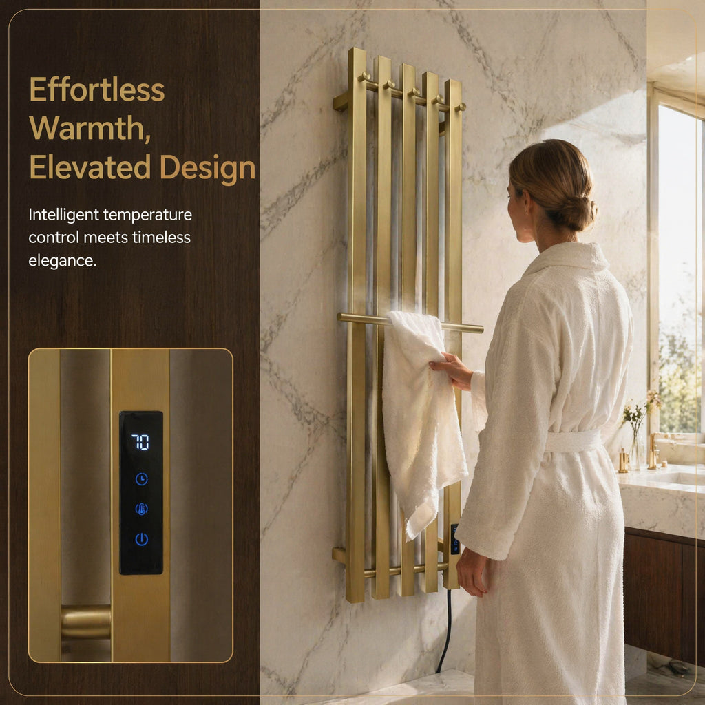 Nordic Style Brushed Gold Smart Electric Heated Towel Rail — Vertical 5-Bar Design with Digital LCD Touch Control
