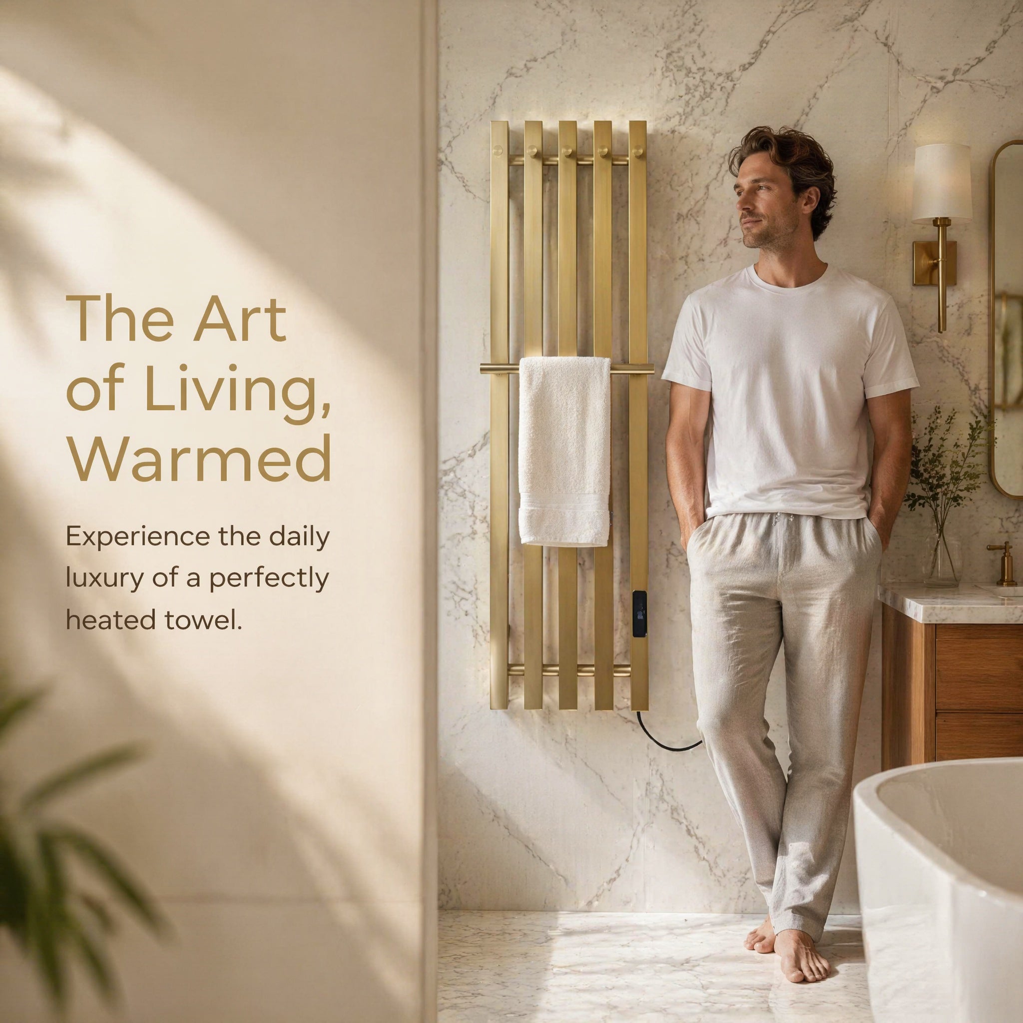 Nordic Style Brushed Gold Smart Electric Heated Towel Rail — Vertical 5-Bar Design with Digital LCD Touch Control