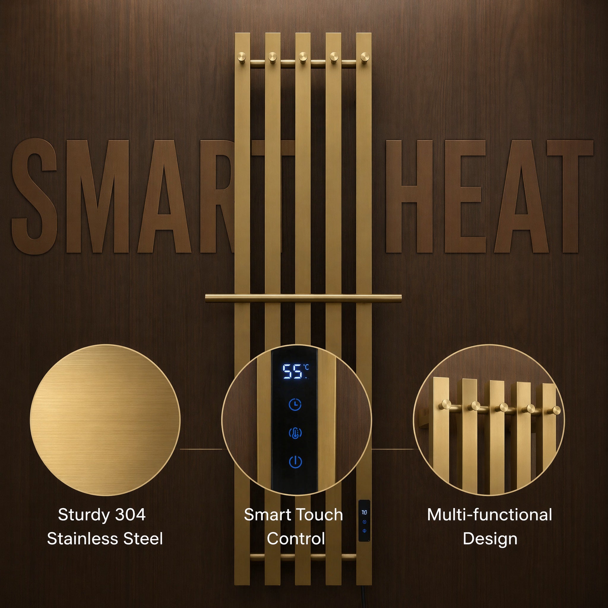 Nordic Style Brushed Gold Smart Electric Heated Towel Rail — Vertical 5-Bar Design with Digital LCD Touch Control