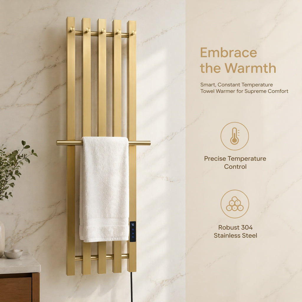 Nordic Style Brushed Gold Smart Electric Heated Towel Rail — Vertical 5-Bar Design with Digital LCD Touch Control
