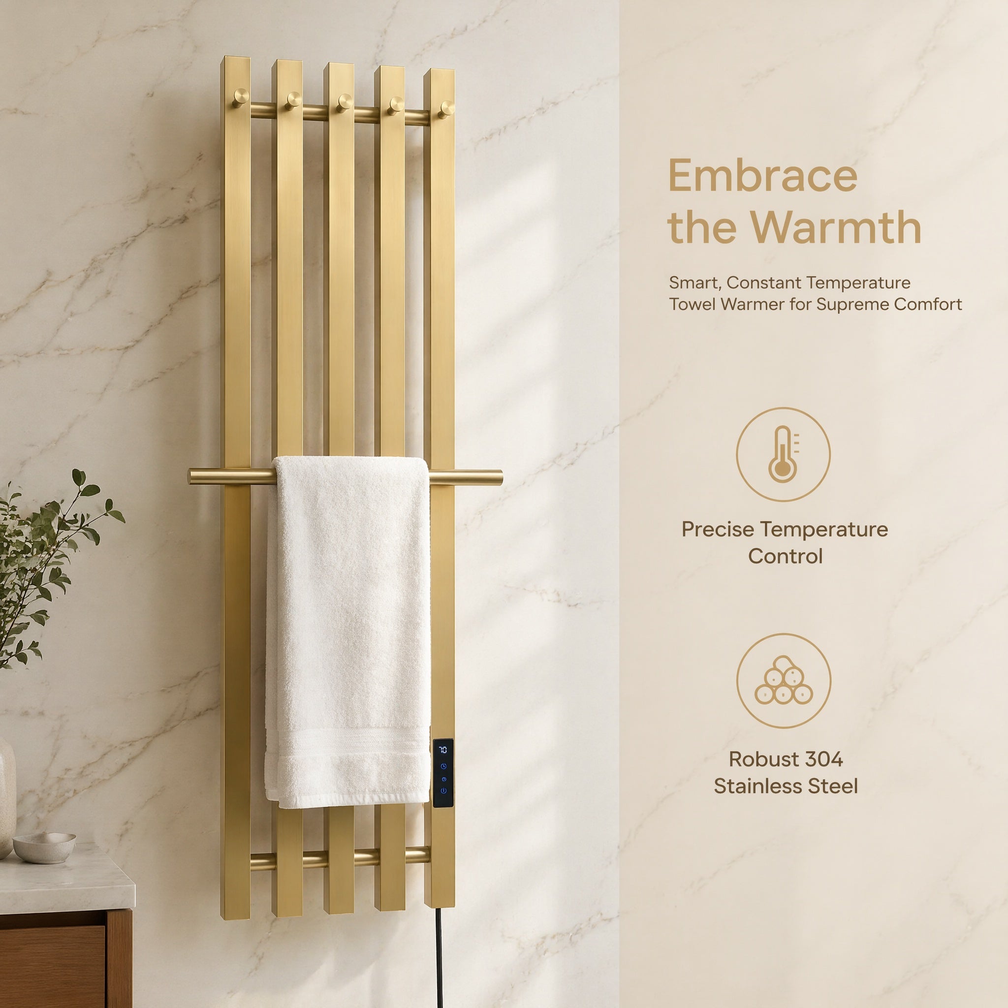 Nordic Style Brushed Gold Smart Electric Heated Towel Rail — Vertical 5-Bar Design with Digital LCD Touch Control