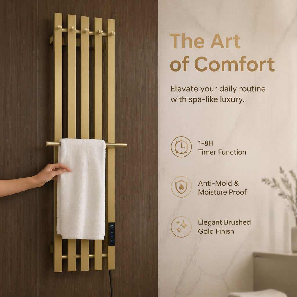 Nordic Style Brushed Gold Smart Electric Heated Towel Rail — Vertical 5-Bar Design with Digital LCD Touch Control