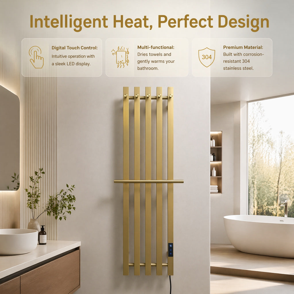 Nordic Style Brushed Gold Smart Electric Heated Towel Rail — Vertical 5-Bar Design with Digital LCD Touch Control