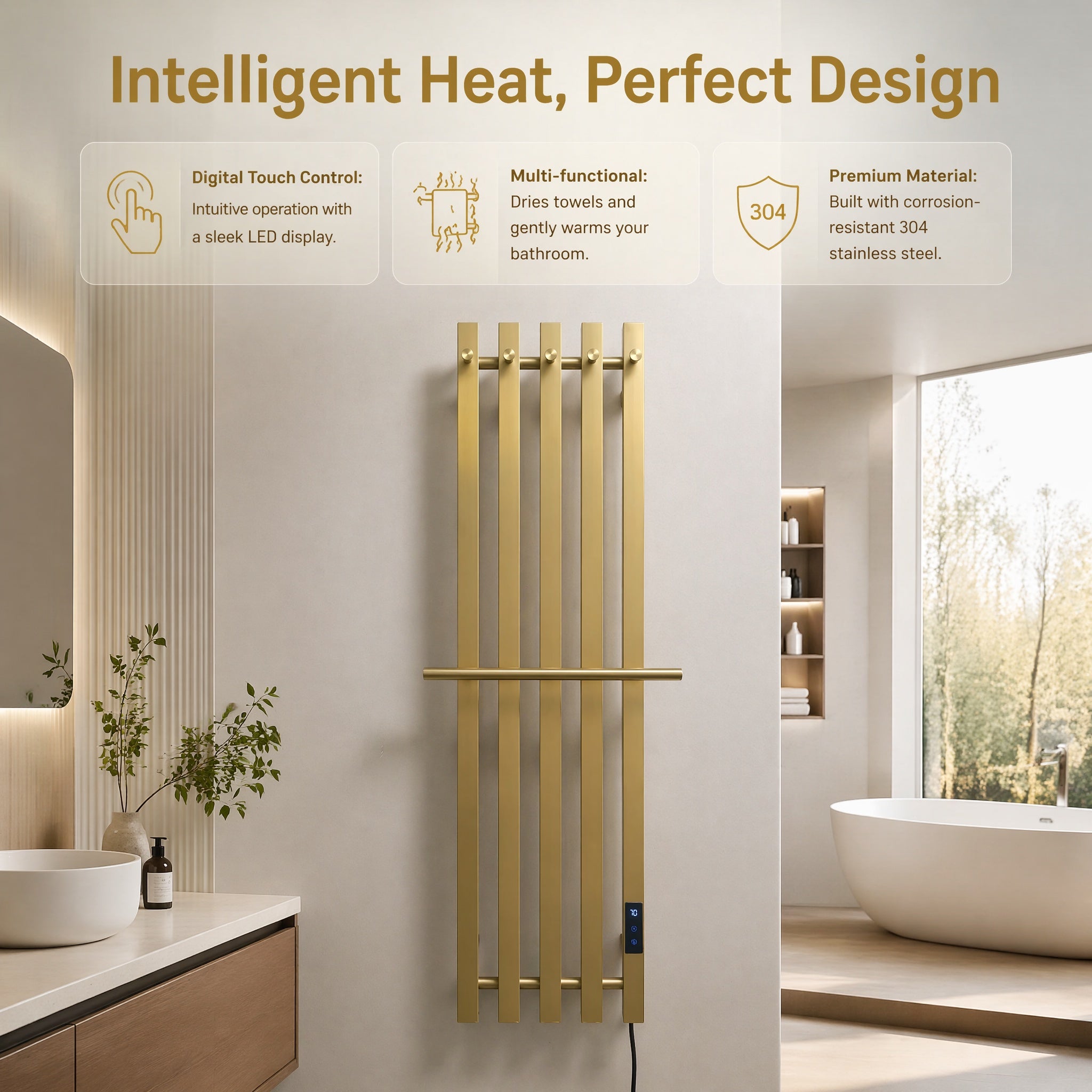 Nordic Style Brushed Gold Smart Electric Heated Towel Rail — Vertical 5-Bar Design with Digital LCD Touch Control