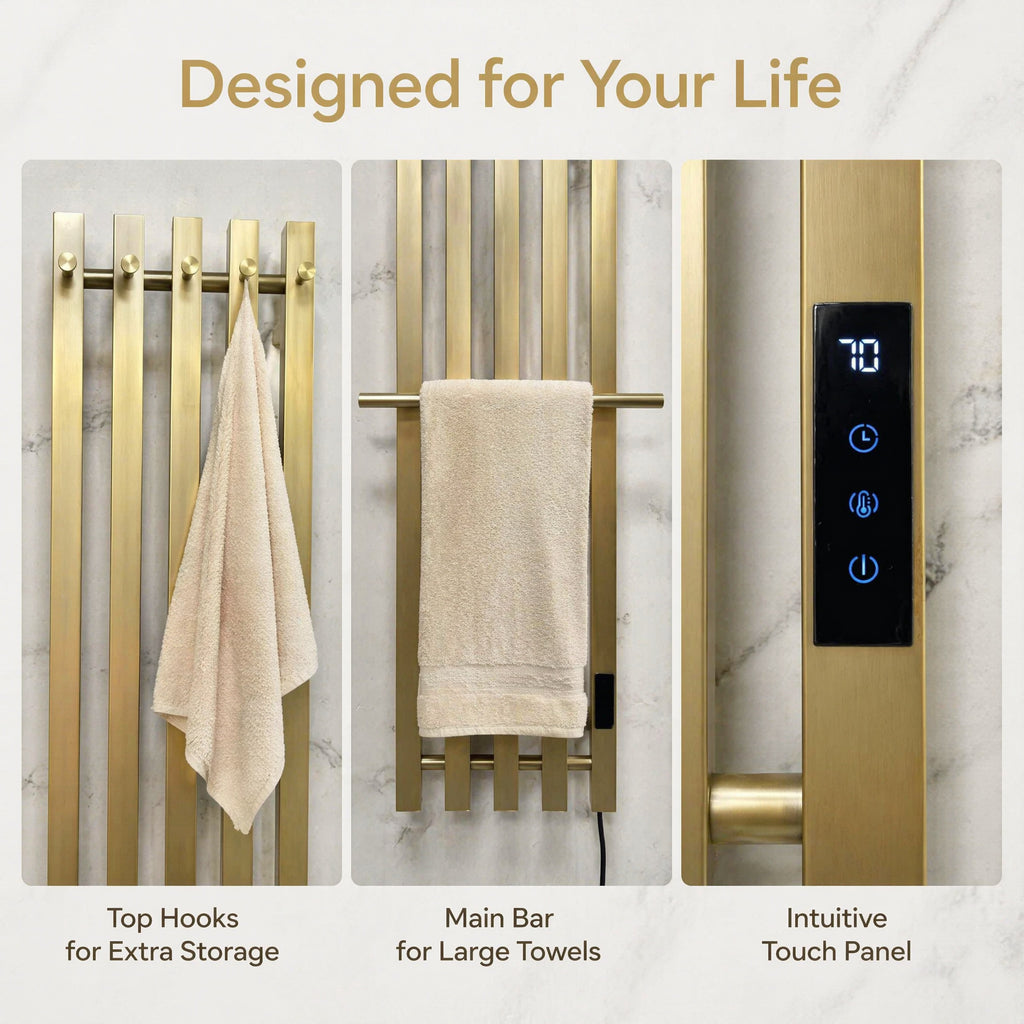 Nordic Style Brushed Gold Smart Electric Heated Towel Rail — Vertical 5-Bar Design with Digital LCD Touch Control
