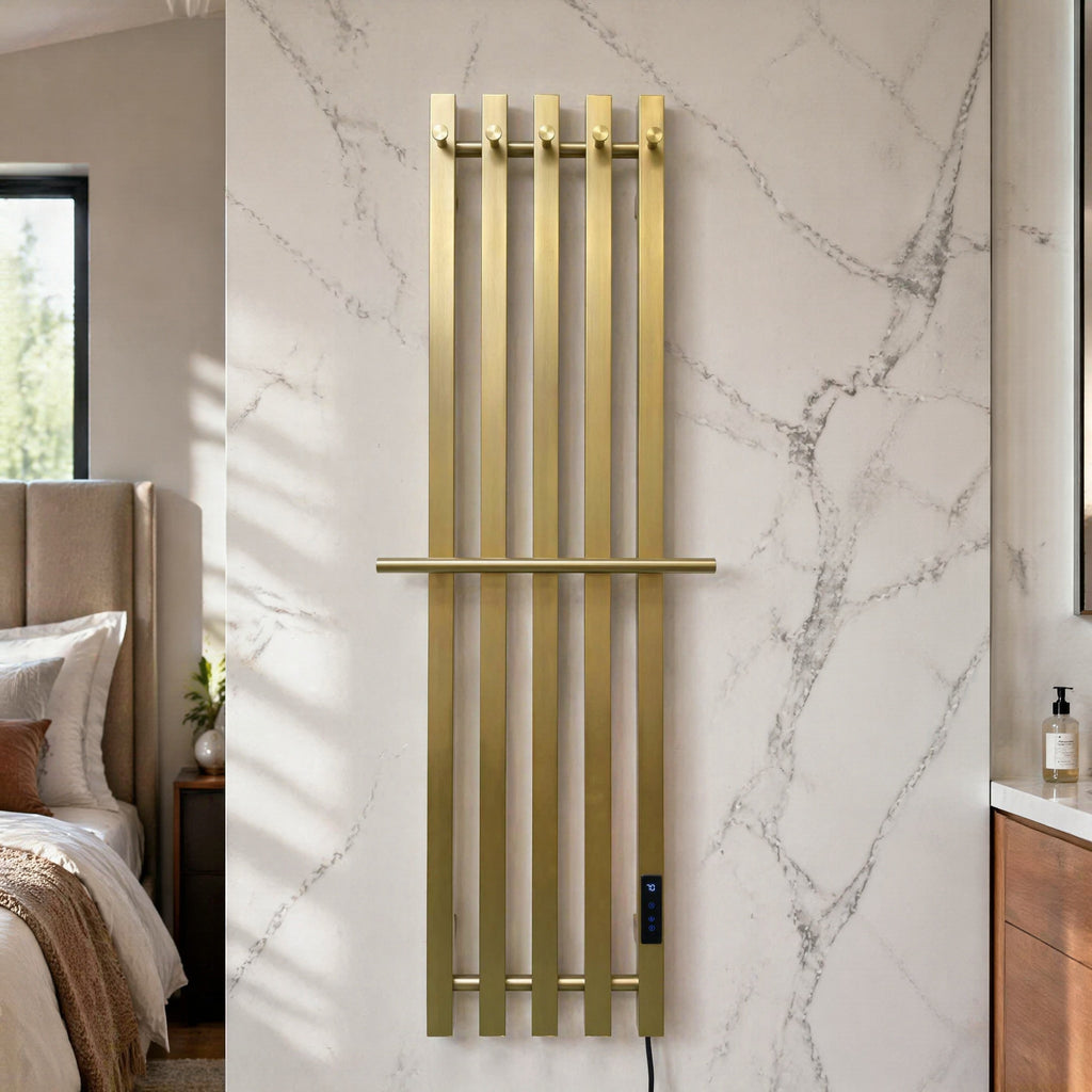 Nordic Style Brushed Gold Smart Electric Heated Towel Rail — Vertical 5-Bar Design with Digital LCD Touch Control