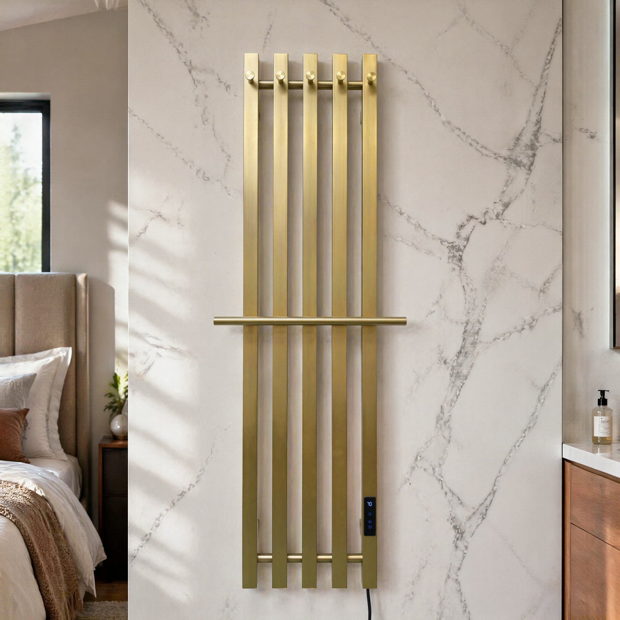 Nordic Style Brushed Gold Smart Electric Heated Towel Rail — Vertical 5-Bar Design with Digital LCD Touch Control