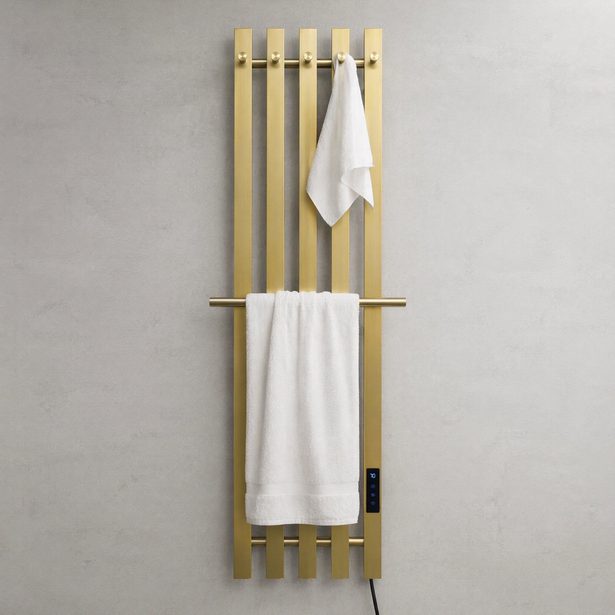 Nordic Style Brushed Gold Smart Electric Heated Towel Rail — Vertical 5-Bar Design with Digital LCD Touch Control