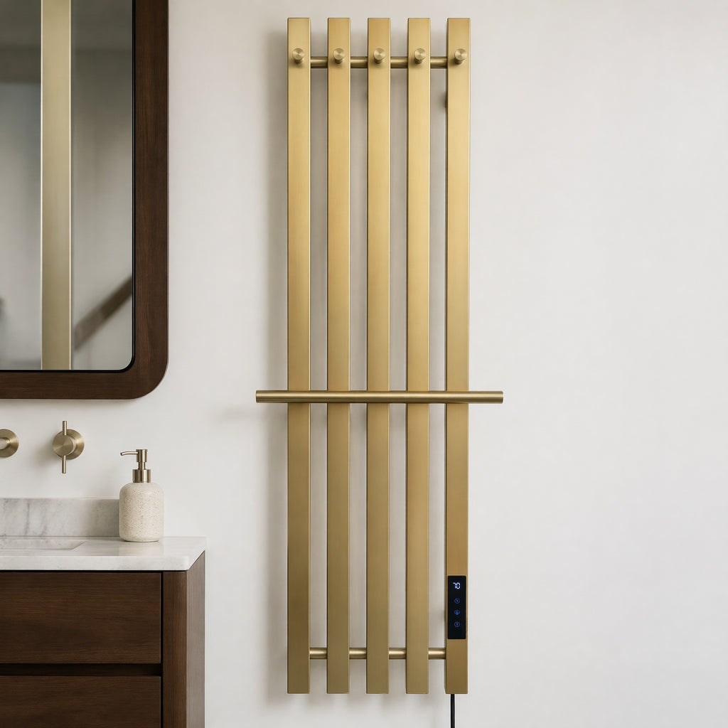 Nordic Style Brushed Gold Smart Electric Heated Towel Rail — Vertical 5-Bar Design with Digital LCD Touch Control