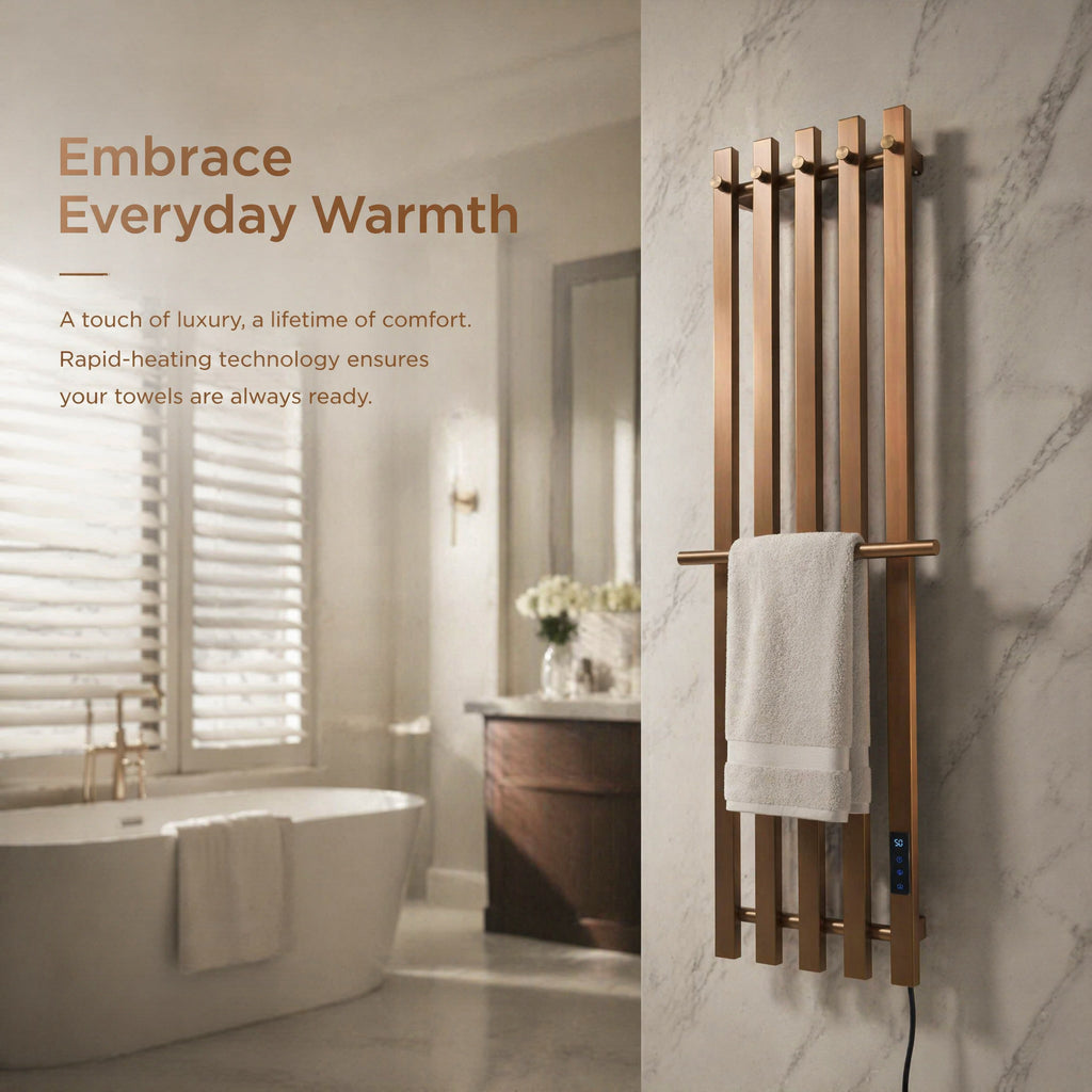 Modern Brushed Bronze Electric Heated Towel Rail — 5-Bar Vertical Design with Digital Touch Control
