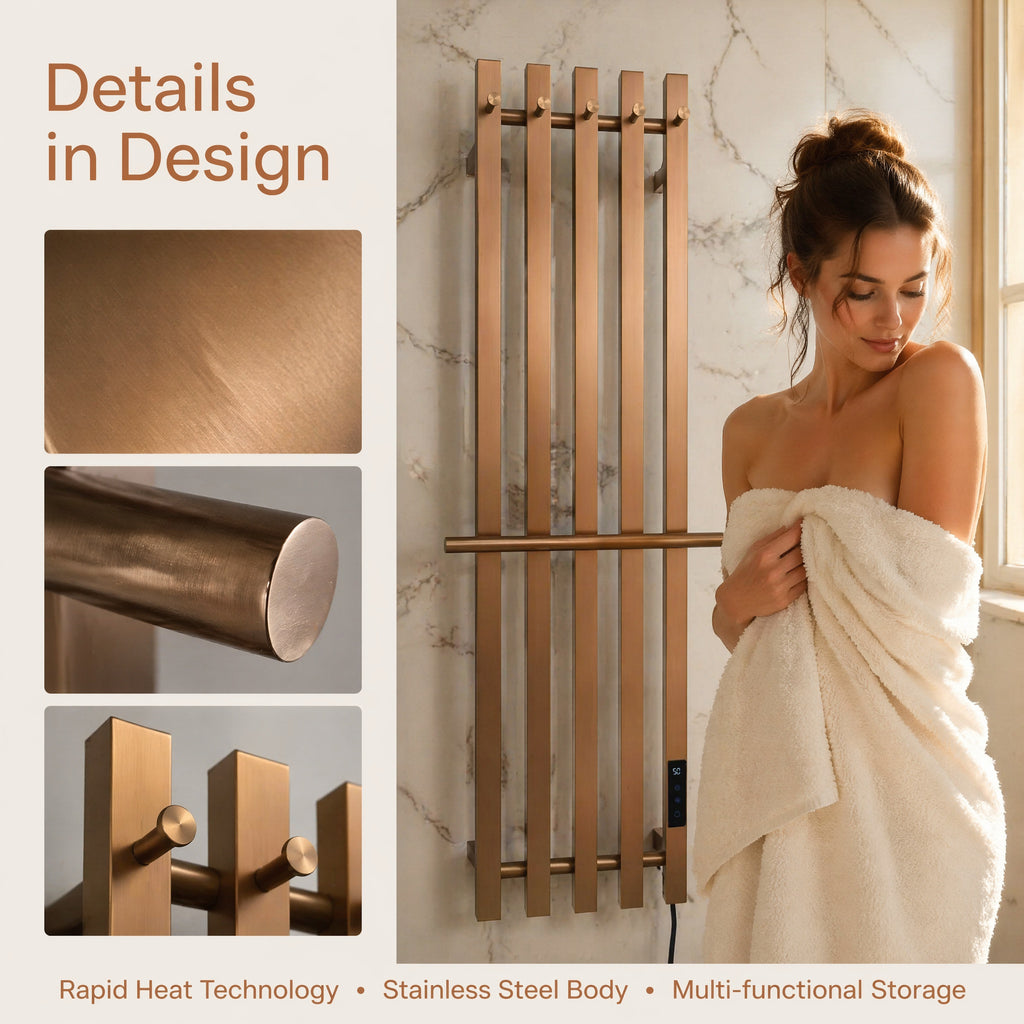 Modern Brushed Bronze Electric Heated Towel Rail — 5-Bar Vertical Design with Digital Touch Control