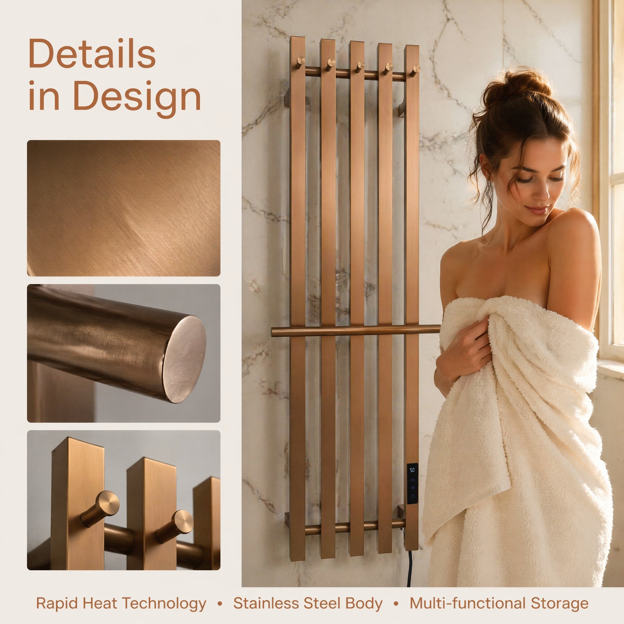 Modern Brushed Bronze Electric Heated Towel Rail — 5-Bar Vertical Design with Digital Touch Control