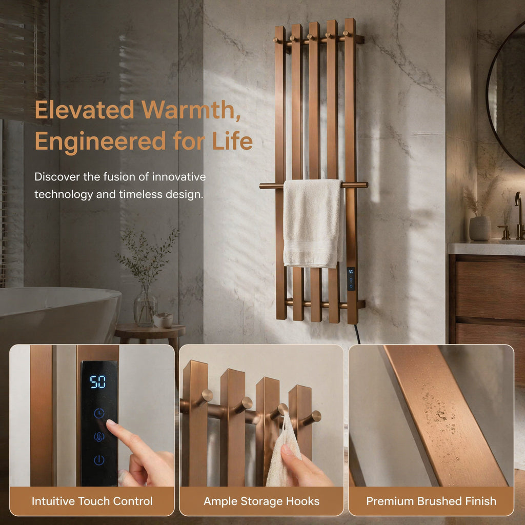 Modern Brushed Bronze Electric Heated Towel Rail — 5-Bar Vertical Design with Digital Touch Control