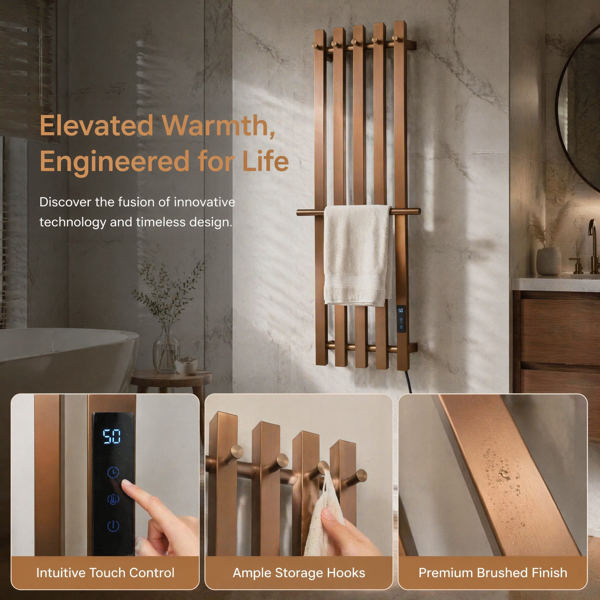 Modern Brushed Bronze Electric Heated Towel Rail — 5-Bar Vertical Design with Digital Touch Control