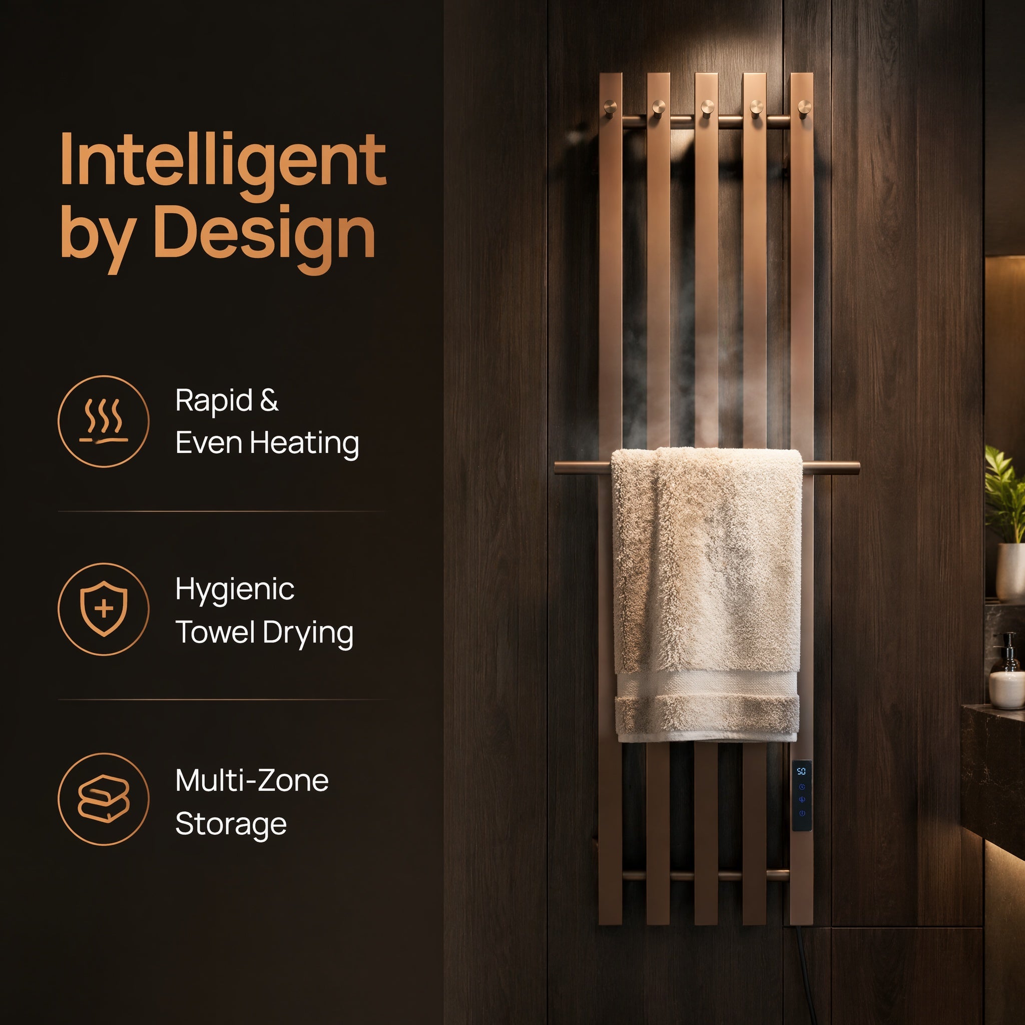Modern Brushed Bronze Electric Heated Towel Rail — 5-Bar Vertical Design with Digital Touch Control