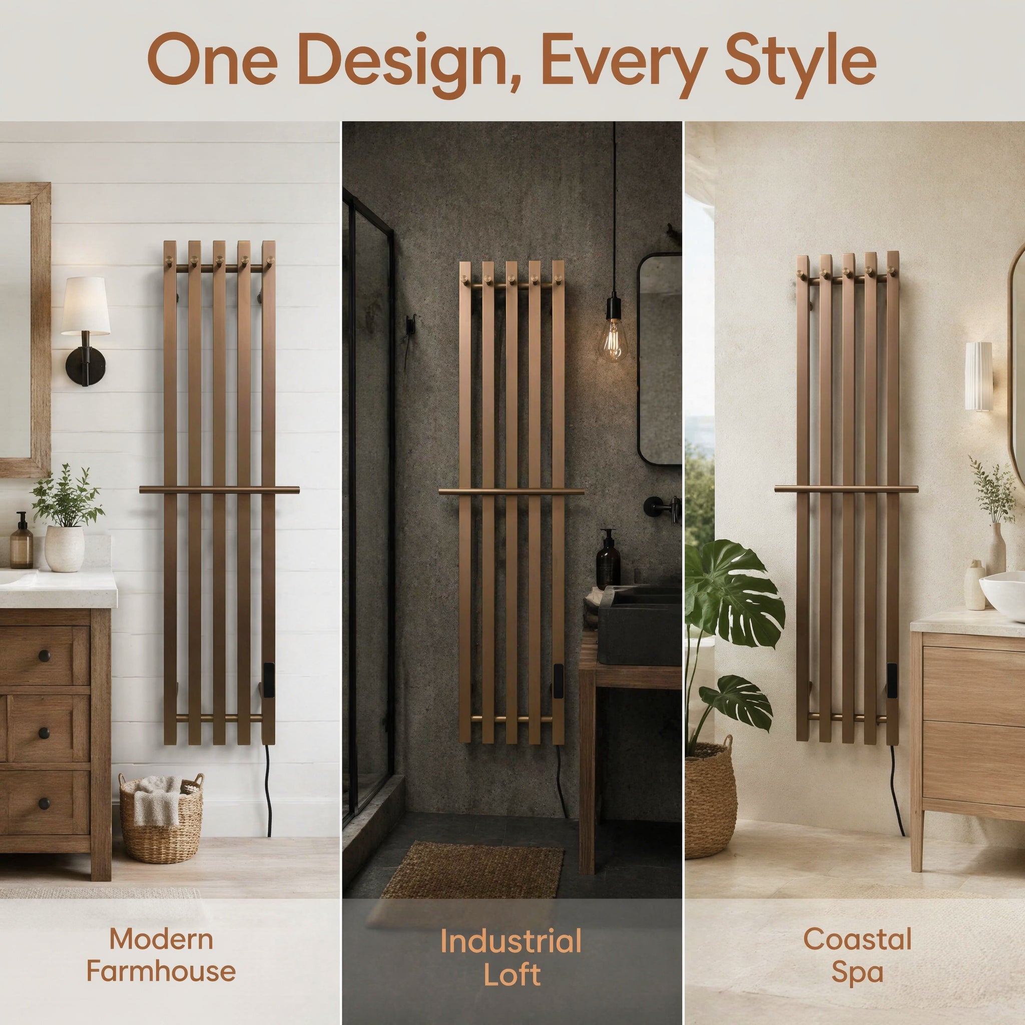 Modern Brushed Bronze Electric Heated Towel Rail — 5-Bar Vertical Design with Digital Touch Control