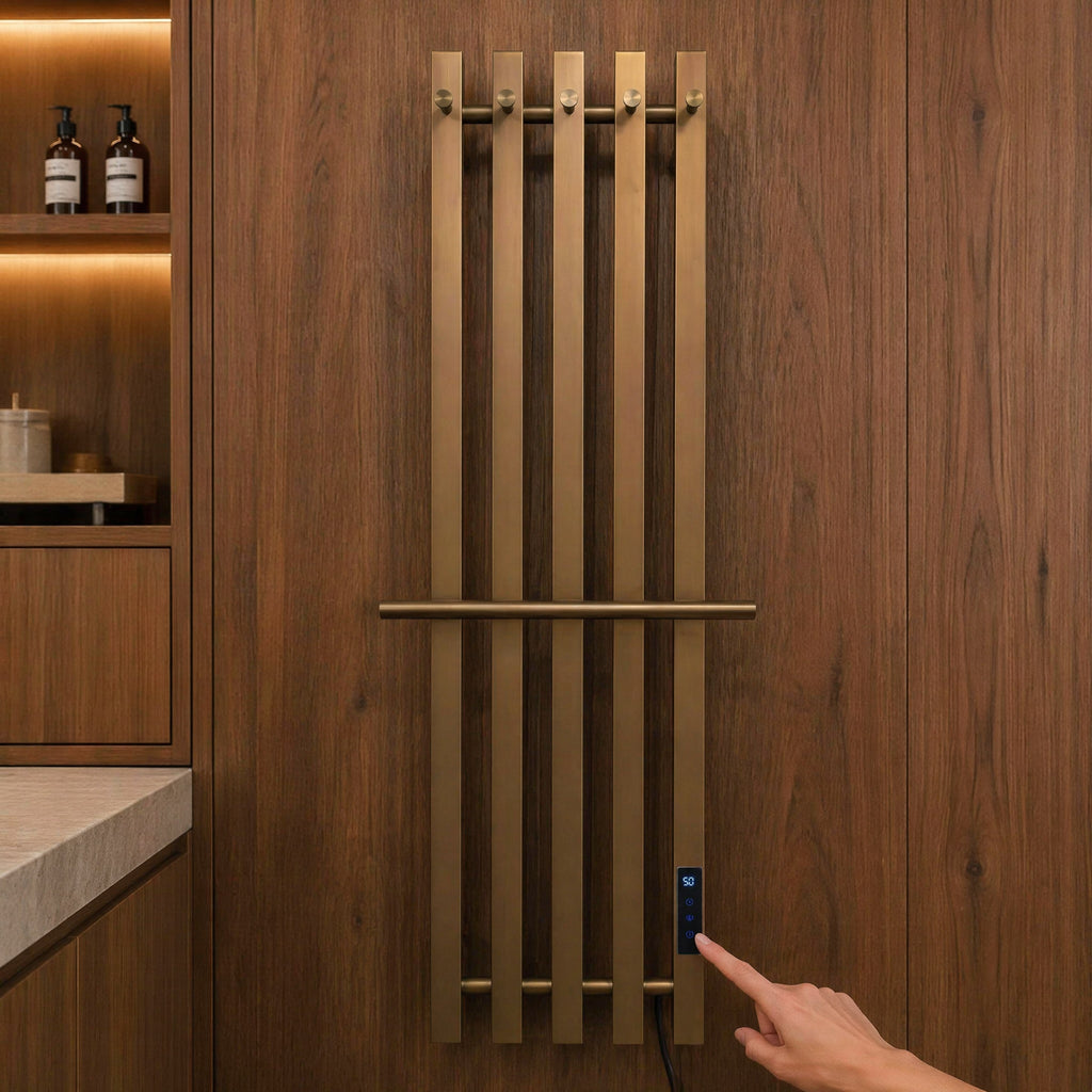 Modern Brushed Bronze Electric Heated Towel Rail — 5-Bar Vertical Design with Digital Touch Control
