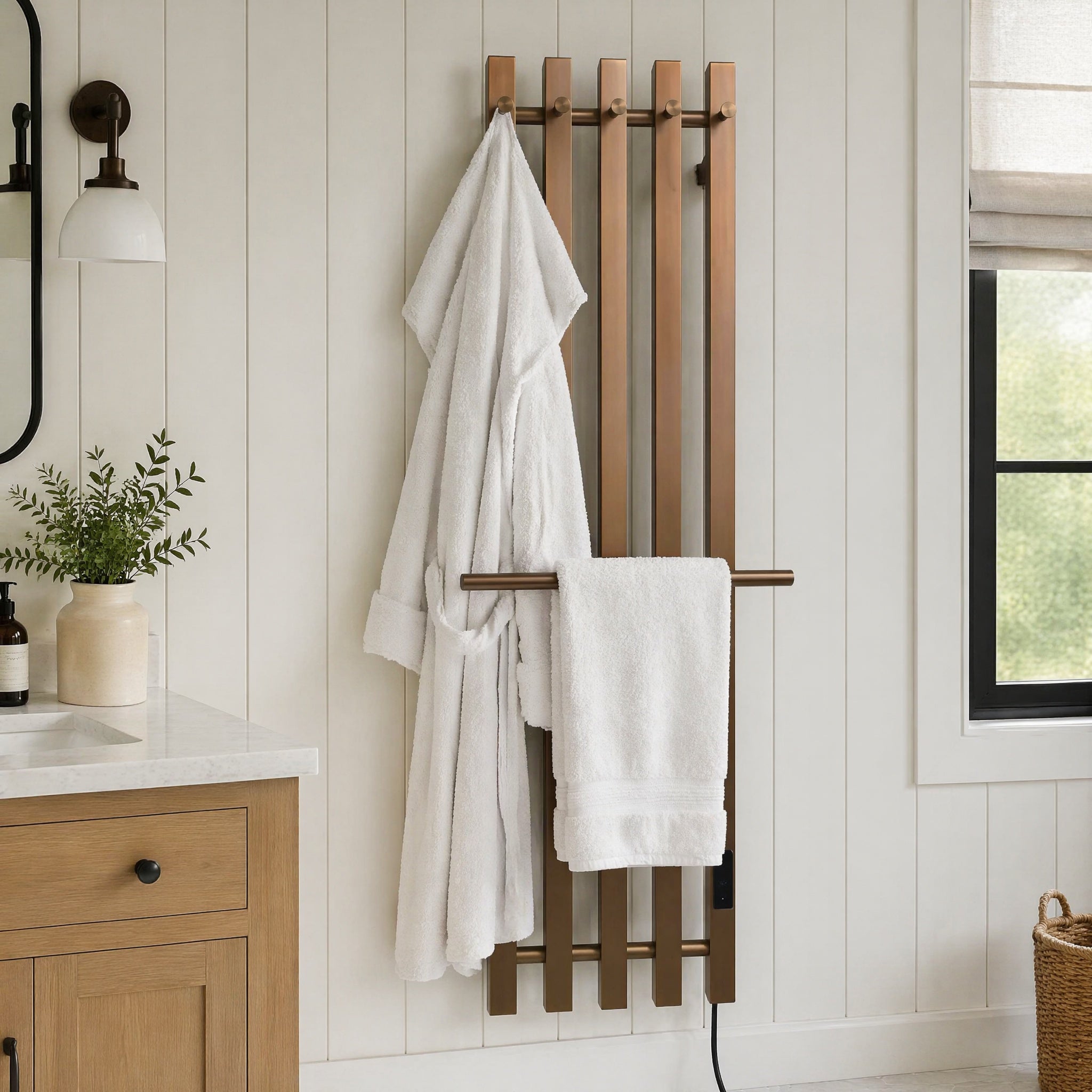Modern Brushed Bronze Electric Heated Towel Rail — 5-Bar Vertical Design with Digital Touch Control