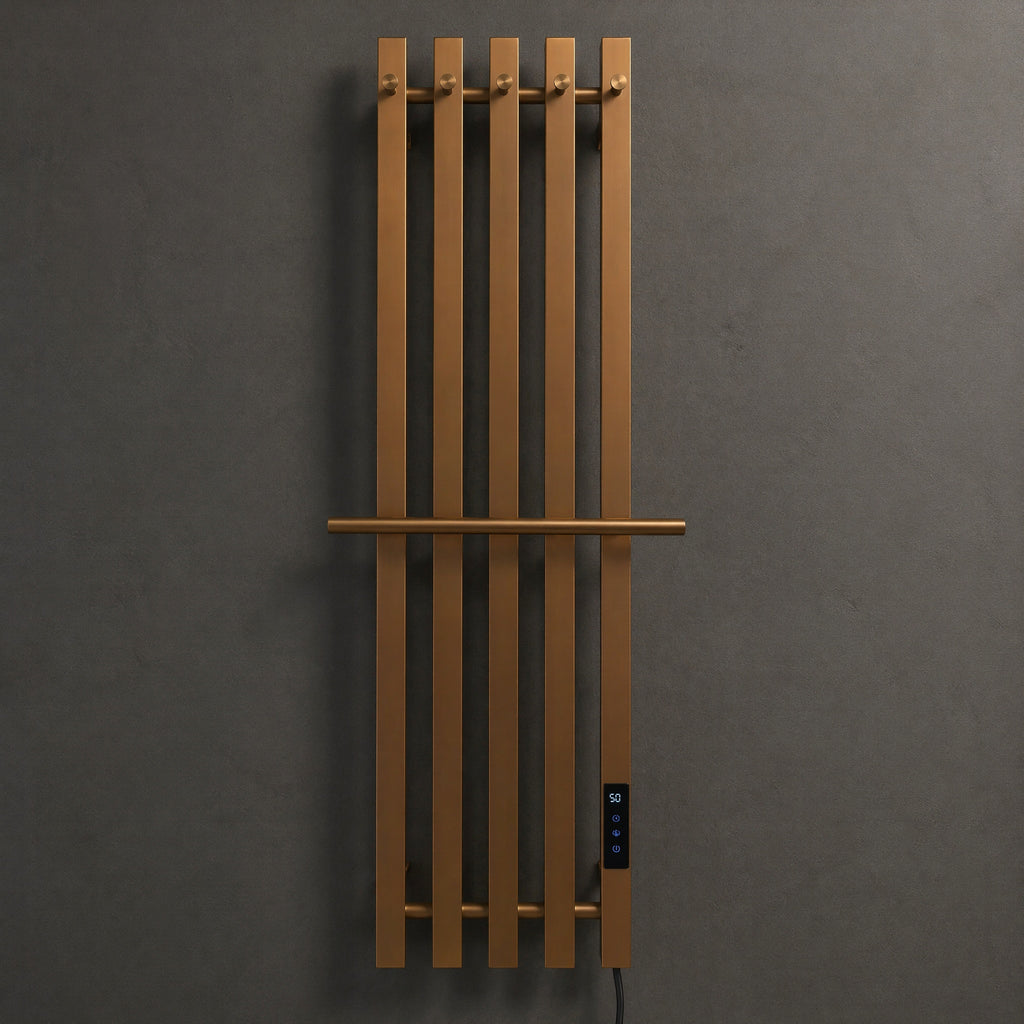 Modern Brushed Bronze Electric Heated Towel Rail — 5-Bar Vertical Design with Digital Touch Control