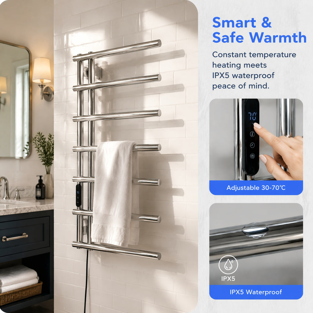 7-Bar Smart Electric Heated Towel Rail — Side-Open Design, 304 Stainless Steel Polished Chrome, IPX5 Waterproof, LCD Touch Panel, 15kg Load, Concealed Wiring