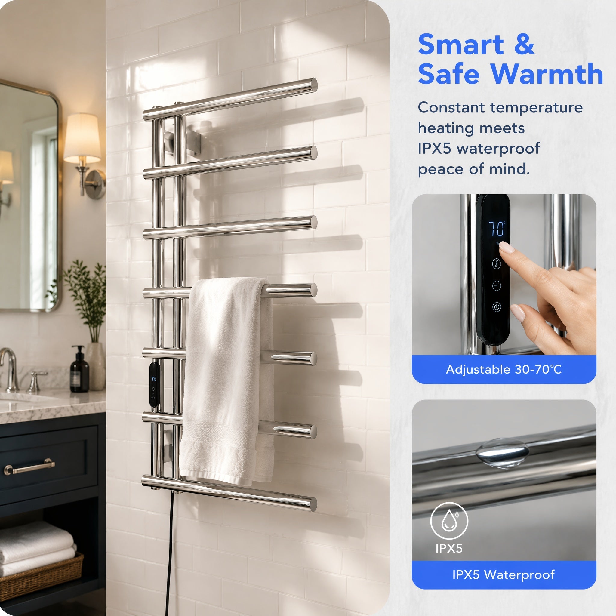 7-Bar Smart Electric Heated Towel Rail — Side-Open Design, 304 Stainless Steel Polished Chrome, IPX5 Waterproof, LCD Touch Panel, 15kg Load, Concealed Wiring