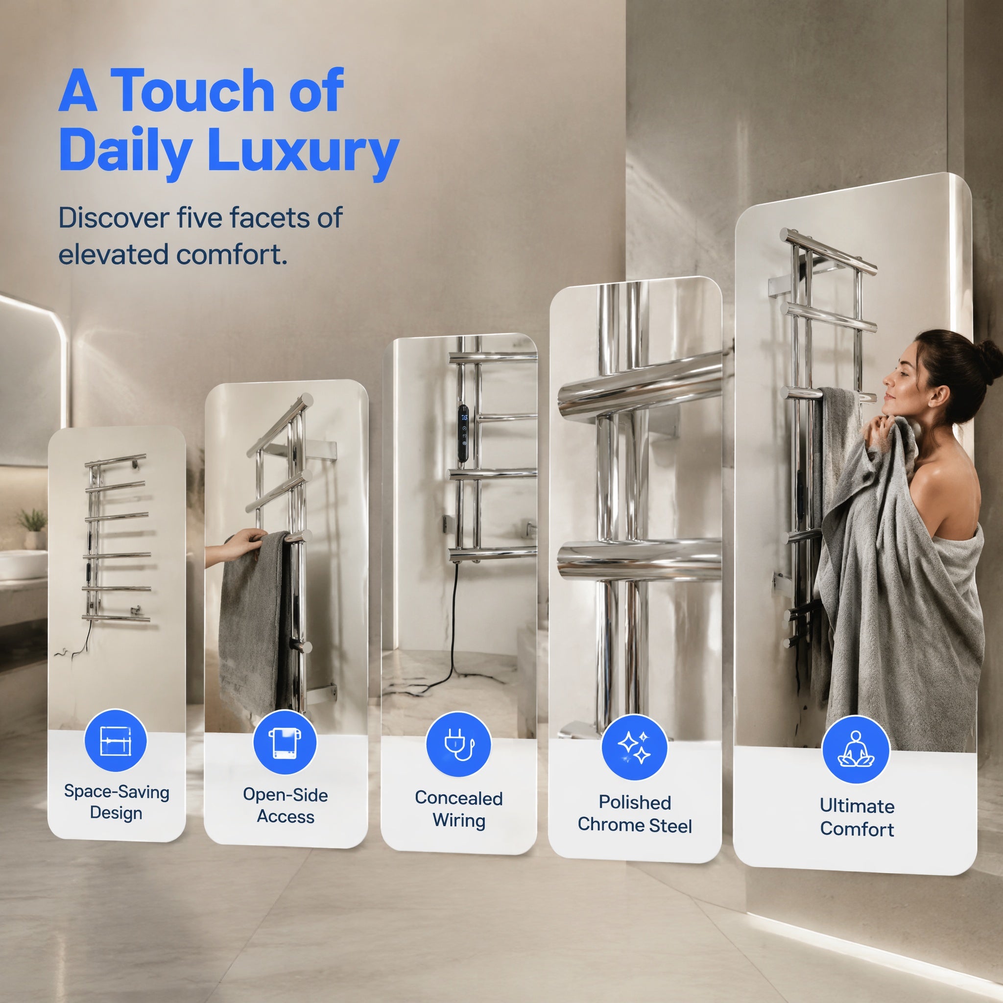 7-Bar Smart Electric Heated Towel Rail — Side-Open Design, 304 Stainless Steel Polished Chrome, IPX5 Waterproof, LCD Touch Panel, 15kg Load, Concealed Wiring