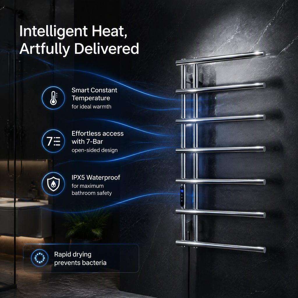 7-Bar Smart Electric Heated Towel Rail — Side-Open Design, 304 Stainless Steel Polished Chrome, IPX5 Waterproof, LCD Touch Panel, 15kg Load, Concealed Wiring