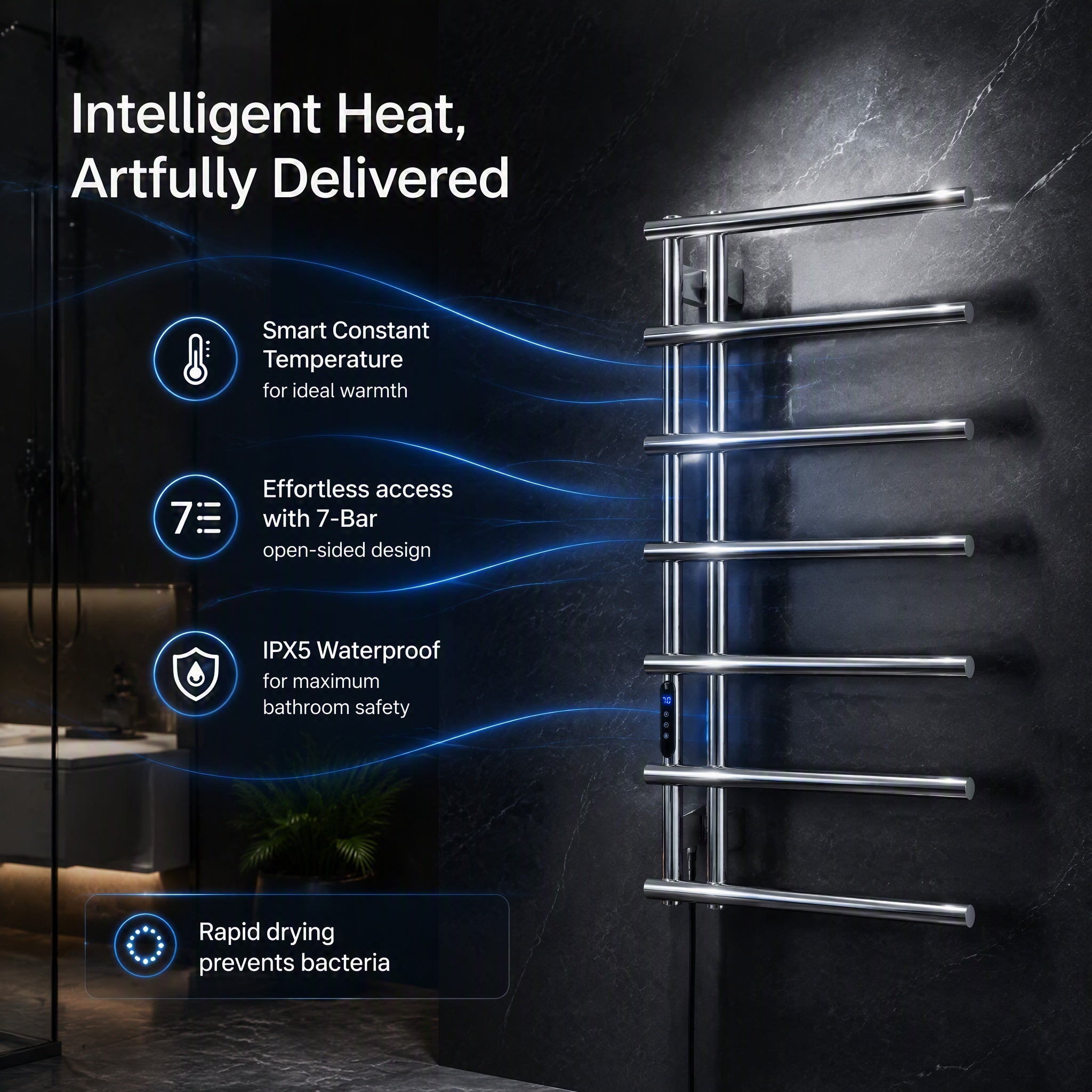7-Bar Smart Electric Heated Towel Rail — Side-Open Design, 304 Stainless Steel Polished Chrome, IPX5 Waterproof, LCD Touch Panel, 15kg Load, Concealed Wiring