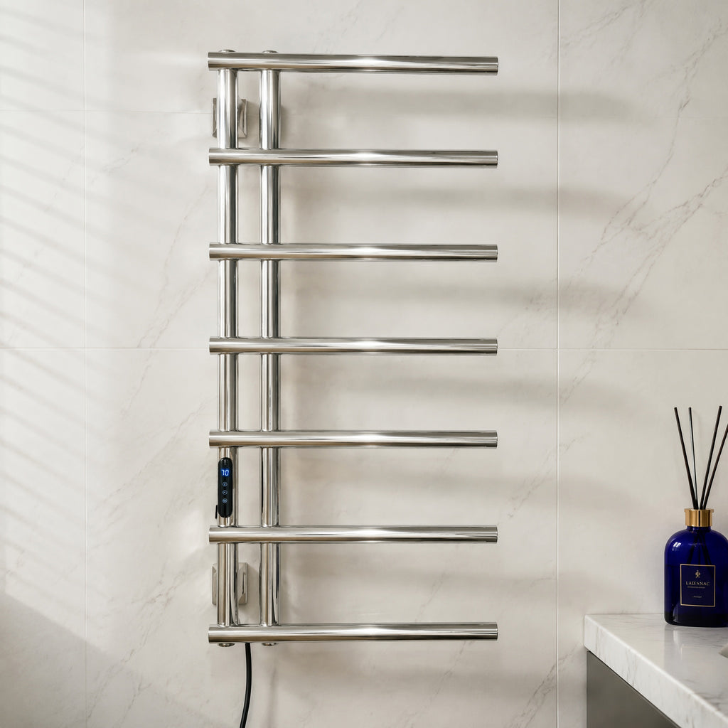 7-Bar Smart Electric Heated Towel Rail — Side-Open Design, 304 Stainless Steel Polished Chrome, IPX5 Waterproof, LCD Touch Panel, 15kg Load, Concealed Wiring