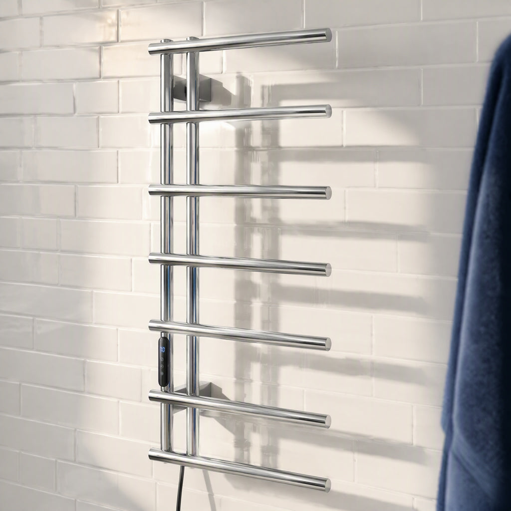 7-Bar Smart Electric Heated Towel Rail — Side-Open Design, 304 Stainless Steel Polished Chrome, IPX5 Waterproof, LCD Touch Panel, 15kg Load, Concealed Wiring
