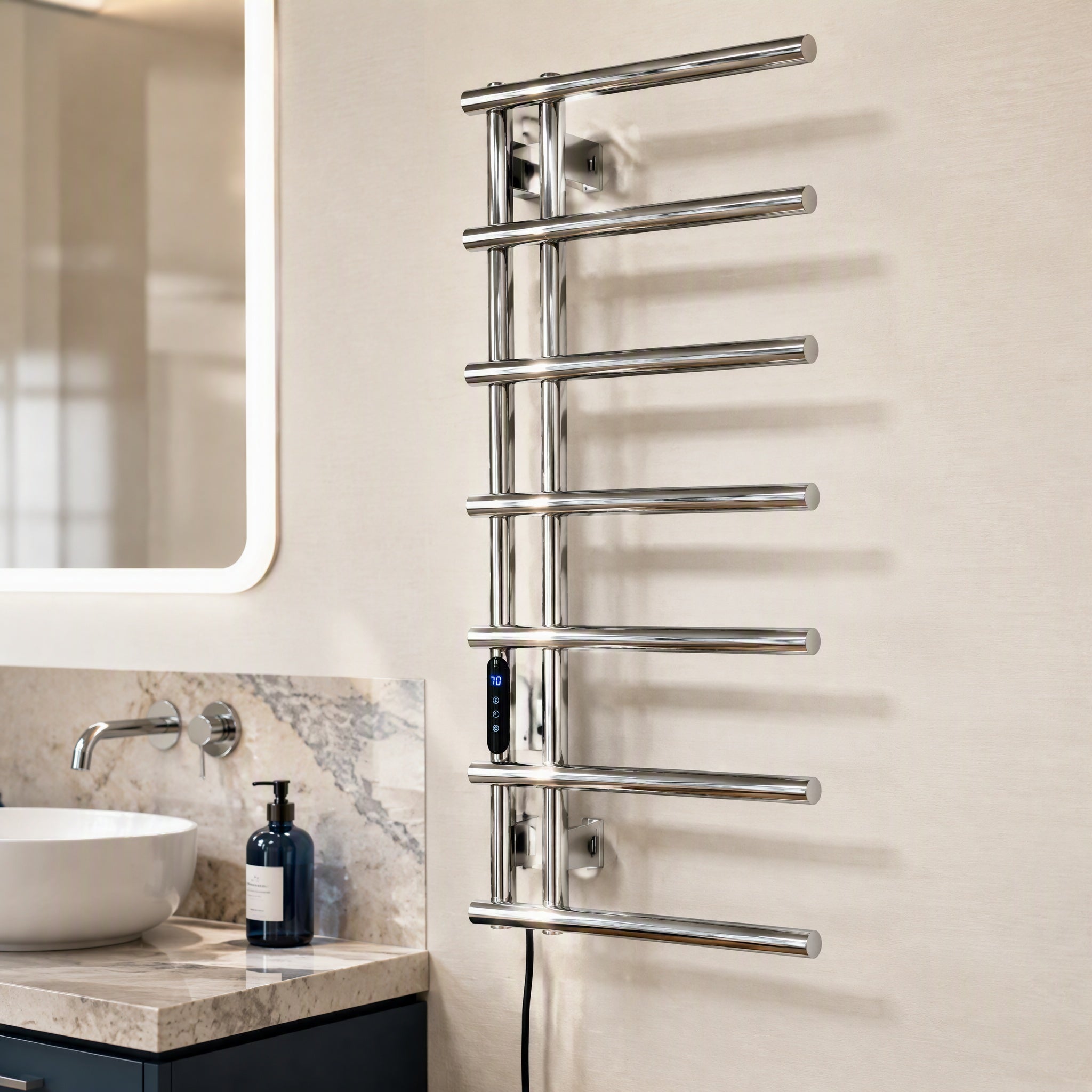 7-Bar Smart Electric Heated Towel Rail — Side-Open Design, 304 Stainless Steel Polished Chrome, IPX5 Waterproof, LCD Touch Panel, 15kg Load, Concealed Wiring
