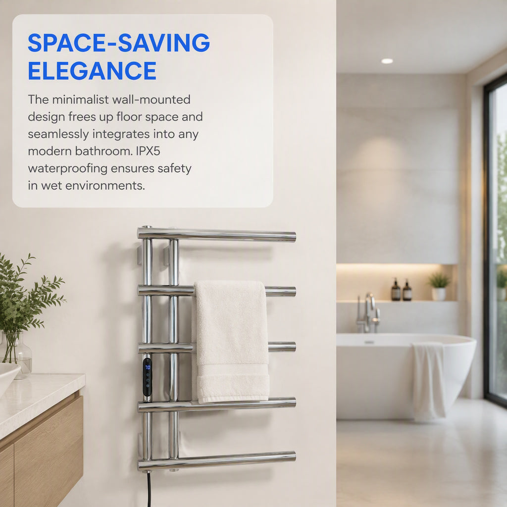5-Bar Stainless Steel Electric Heated Towel Rail — Wall-Mounted Chrome Finish, IPX5 Waterproof, 15kg Load Capacity