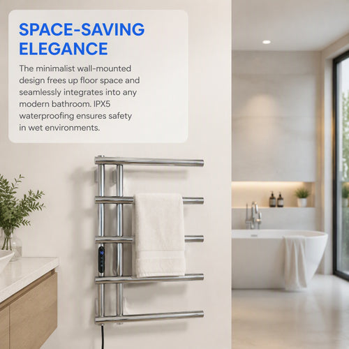 5-Bar Stainless Steel Electric Heated Towel Rail — Wall-Mounted Chrome Finish, IPX5 Waterproof, 15kg Load Capacity