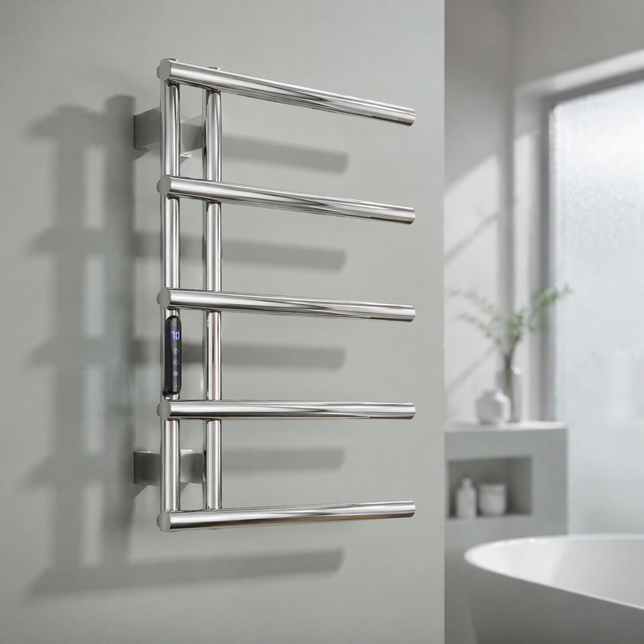 5-Bar Stainless Steel Electric Heated Towel Rail — Wall-Mounted Chrome Finish, IPX5 Waterproof, 15kg Load Capacity