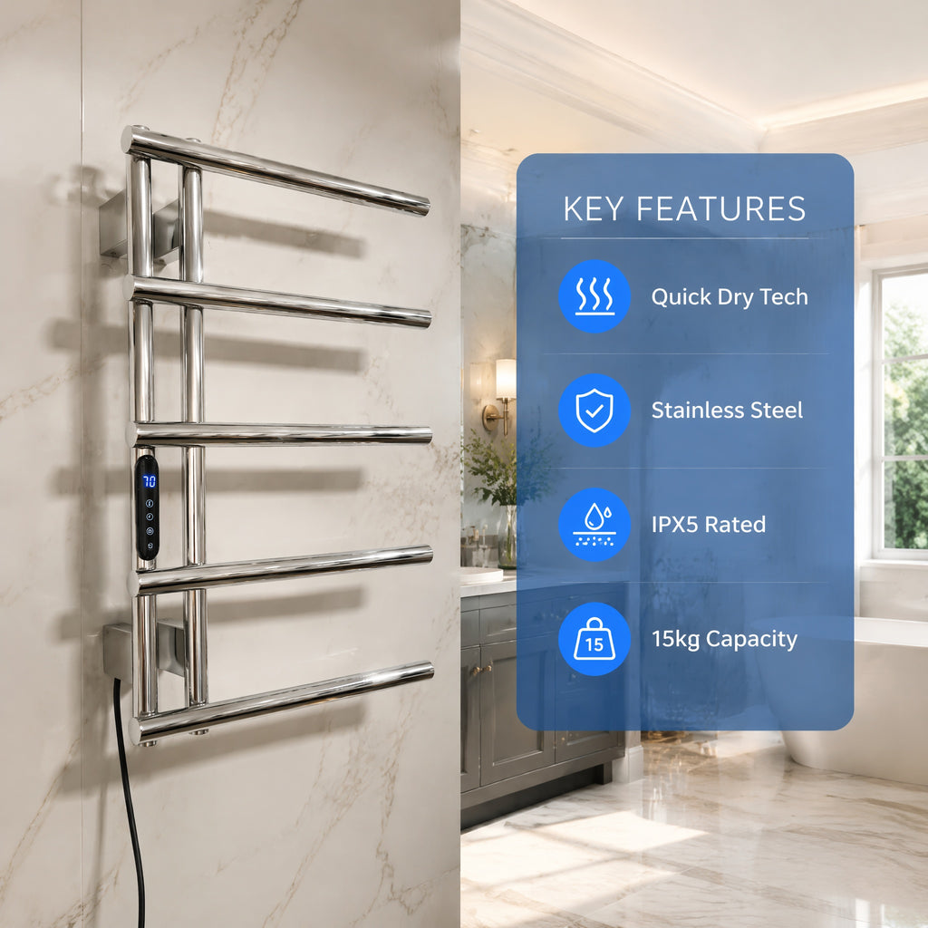5-Bar Stainless Steel Electric Heated Towel Rail — Wall-Mounted Chrome Finish, IPX5 Waterproof, 15kg Load Capacity