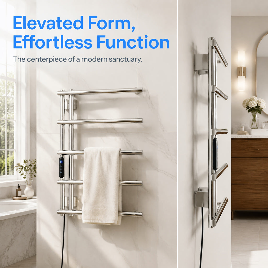 5-Bar Stainless Steel Electric Heated Towel Rail — Wall-Mounted Chrome Finish, IPX5 Waterproof, 15kg Load Capacity