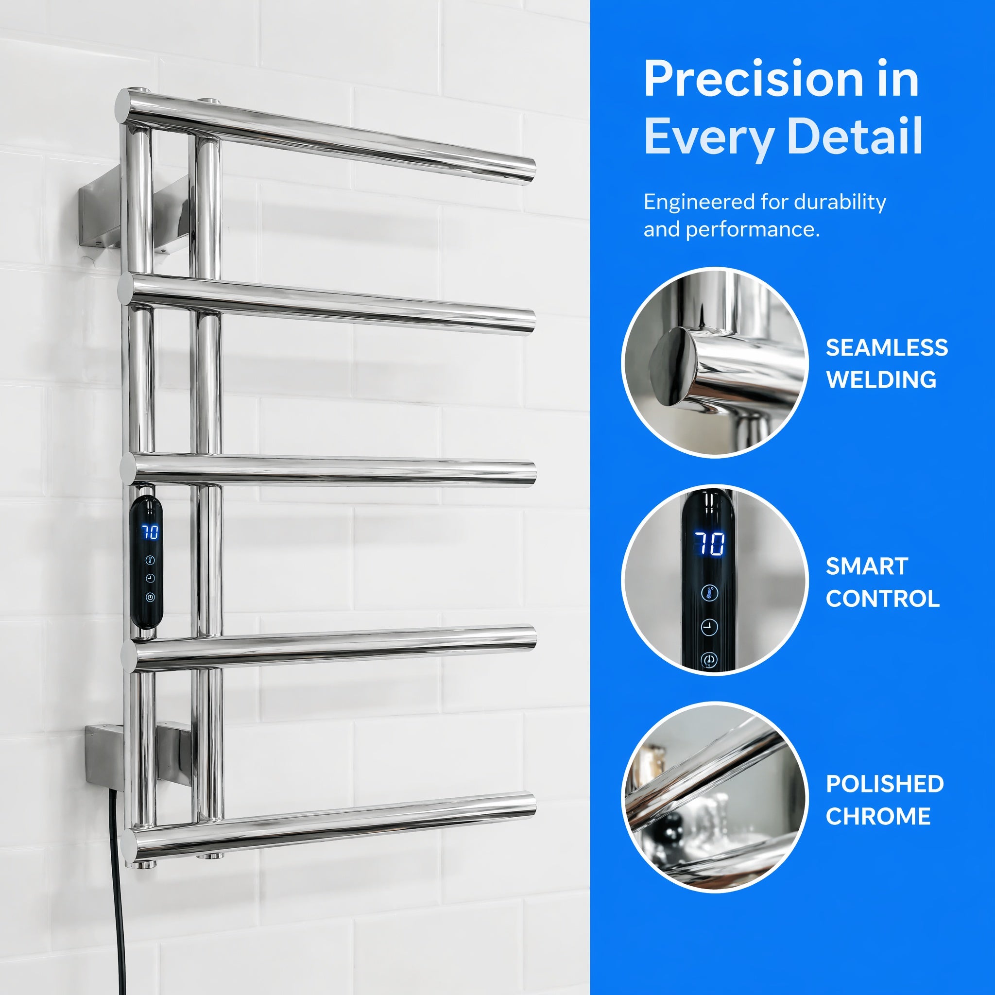 5-Bar Stainless Steel Electric Heated Towel Rail — Wall-Mounted Chrome Finish, IPX5 Waterproof, 15kg Load Capacity