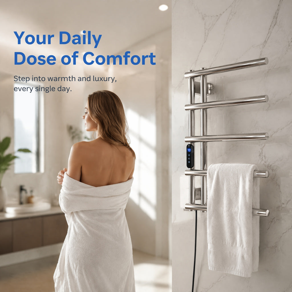5-Bar Stainless Steel Electric Heated Towel Rail — Wall-Mounted Chrome Finish, IPX5 Waterproof, 15kg Load Capacity