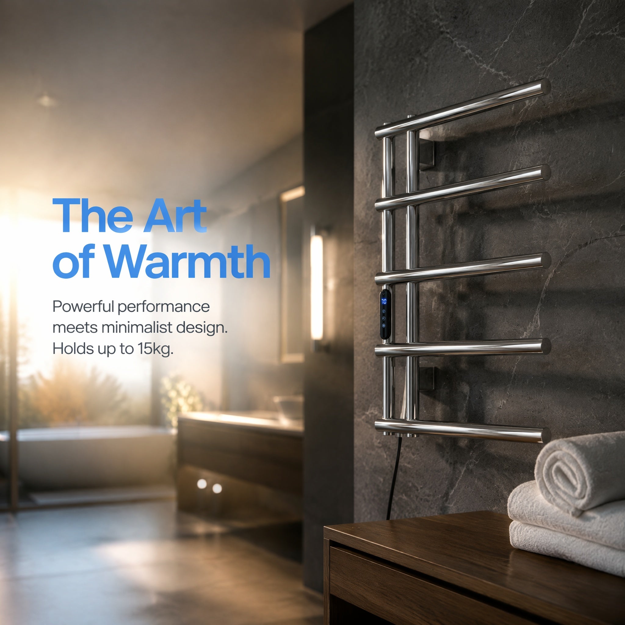 5-Bar Stainless Steel Electric Heated Towel Rail — Wall-Mounted Chrome Finish, IPX5 Waterproof, 15kg Load Capacity