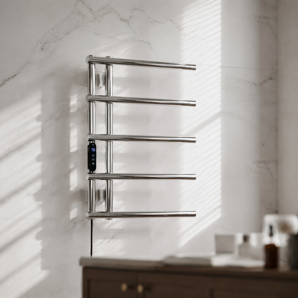 5-Bar Stainless Steel Electric Heated Towel Rail — Wall-Mounted Chrome Finish, IPX5 Waterproof, 15kg Load Capacity